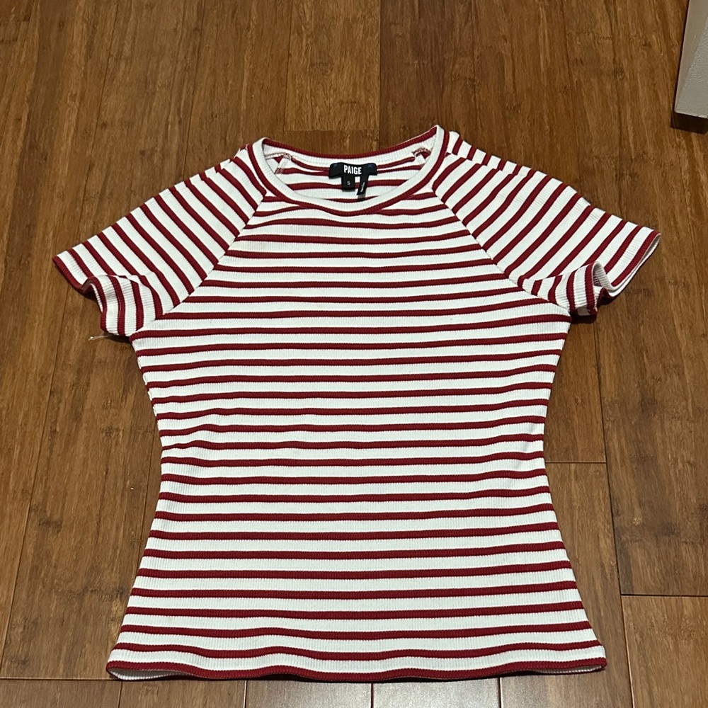 PAIGE Crimson and White Striped Short Sleeve Top